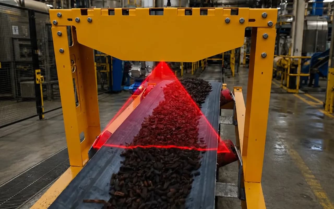 Laser line sweeping material on a conveyor